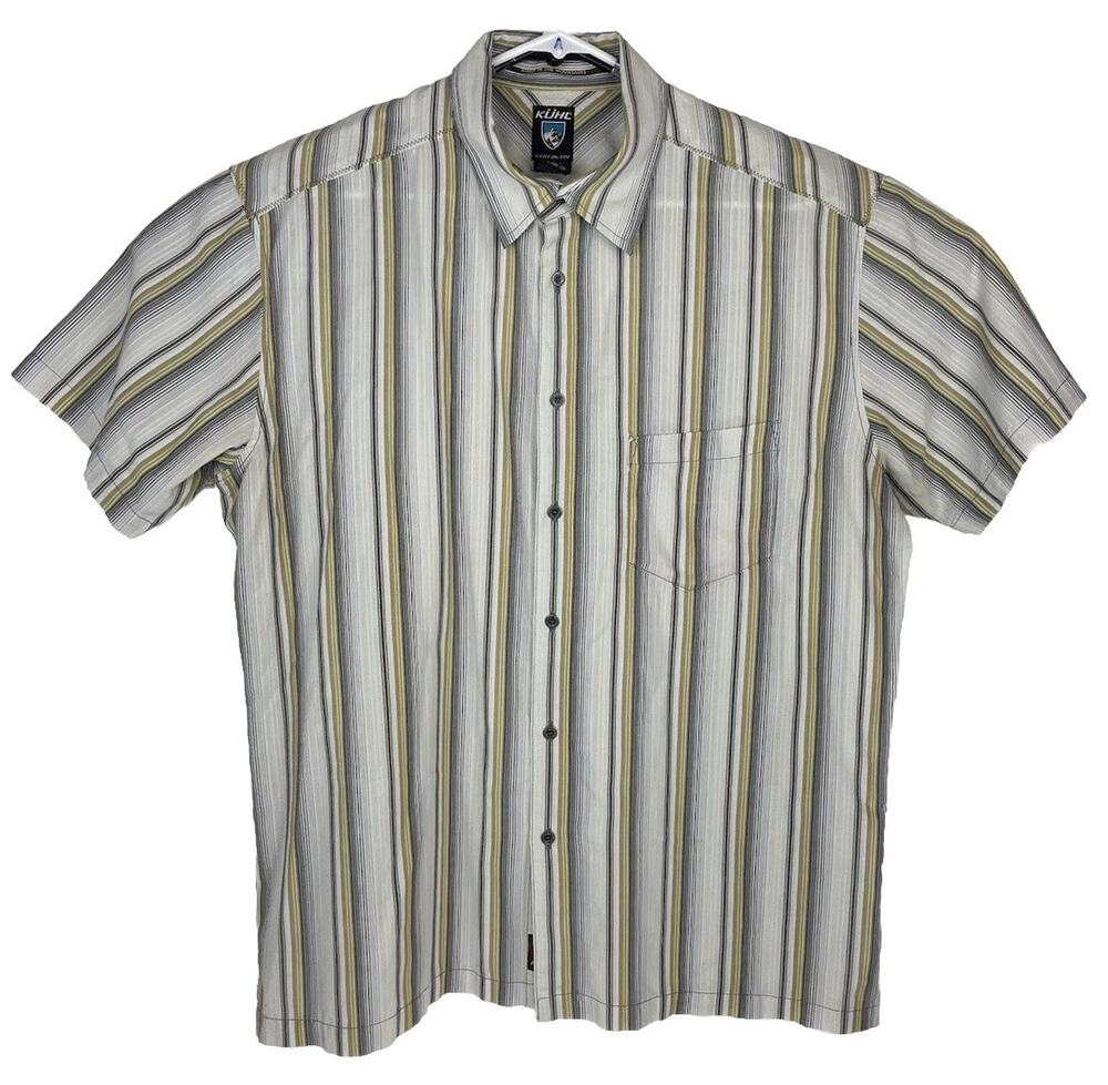 Kuhl Mens XL Short Sleeve Button Up Shirt Striped Casual Outdoors Tan